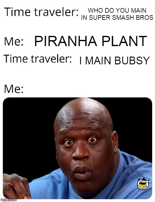 Time Traveler | WHO DO YOU MAIN IN SUPER SMASH BROS; PIRANHA PLANT; I MAIN BUBSY | image tagged in time traveler | made w/ Imgflip meme maker