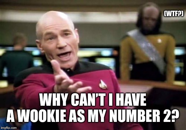 Picard Wtf Meme | (WTF?); WHY CAN’T I HAVE A WOOKIE AS MY NUMBER 2? | image tagged in memes,picard wtf | made w/ Imgflip meme maker
