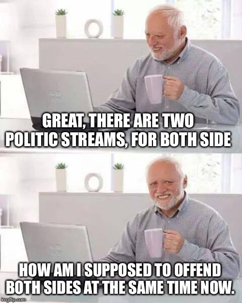 Hide the Pain Harold | GREAT, THERE ARE TWO POLITIC STREAMS, FOR BOTH SIDE; HOW AM I SUPPOSED TO OFFEND BOTH SIDES AT THE SAME TIME NOW. | image tagged in memes,hide the pain harold | made w/ Imgflip meme maker