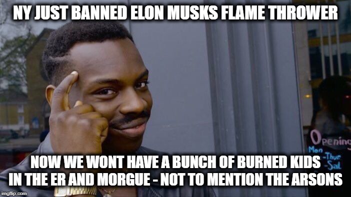 Whats next? banning grenades? | NY JUST BANNED ELON MUSKS FLAME THROWER; NOW WE WONT HAVE A BUNCH OF BURNED KIDS IN THE ER AND MORGUE - NOT TO MENTION THE ARSONS | image tagged in memes,roll safe think about it,gun control,flamethrower,ridiculous | made w/ Imgflip meme maker