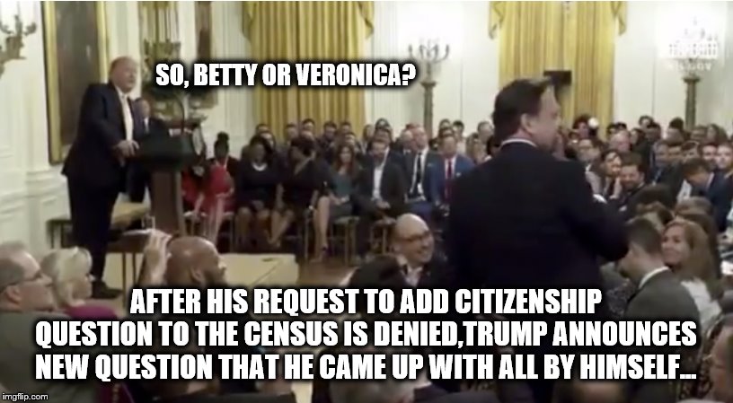He did it his way... | SO, BETTY OR VERONICA? AFTER HIS REQUEST TO ADD CITIZENSHIP QUESTION TO THE CENSUS IS DENIED,TRUMP ANNOUNCES NEW QUESTION THAT HE CAME UP WITH ALL BY HIMSELF... | image tagged in donald trump,dictator,dumbass,impeach trump | made w/ Imgflip meme maker