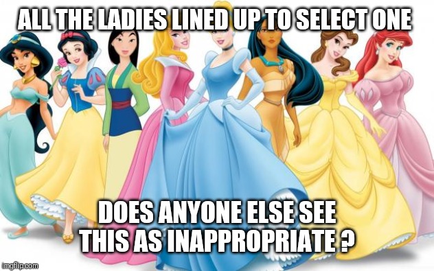 Disney Princesses | ALL THE LADIES LINED UP TO SELECT ONE; DOES ANYONE ELSE SEE THIS AS INAPPROPRIATE ? | image tagged in disney princesses | made w/ Imgflip meme maker