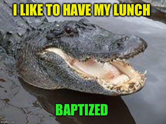 Alligator Wut | I LIKE TO HAVE MY LUNCH BAPTIZED | image tagged in alligator wut | made w/ Imgflip meme maker