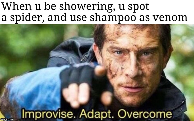 Improvise. Adapt. Overcome | When u be showering, u spot a spider, and use shampoo as venom | image tagged in improvise adapt overcome | made w/ Imgflip meme maker