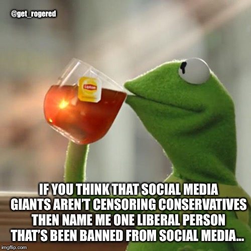 But That's None Of My Business | @get_rogered; IF YOU THINK THAT SOCIAL MEDIA GIANTS AREN’T CENSORING CONSERVATIVES THEN NAME ME ONE LIBERAL PERSON THAT’S BEEN BANNED FROM SOCIAL MEDIA... | image tagged in memes,but thats none of my business,kermit the frog | made w/ Imgflip meme maker