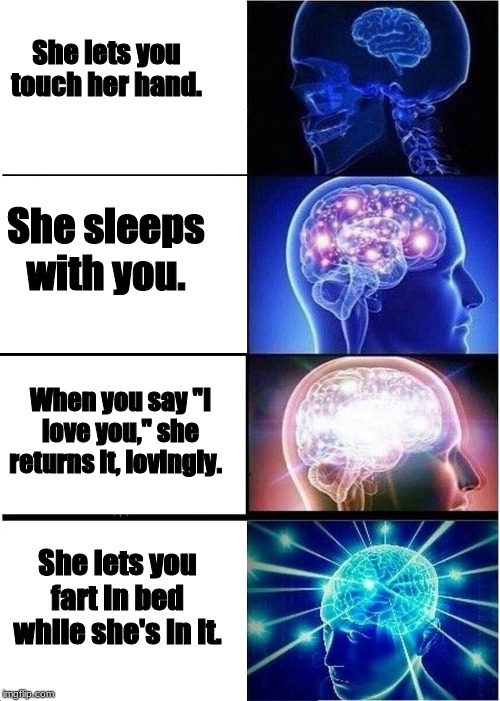 Expanding Brain Meme | She lets you touch her hand. She sleeps with you. When you say "I love you," she returns it, lovingly. She lets you fart in bed while she's in it. | image tagged in memes,expanding brain,relationships | made w/ Imgflip meme maker