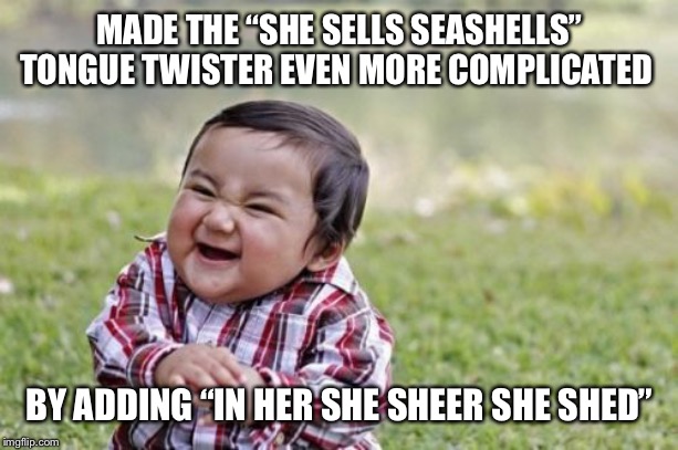 Evil Toddler Meme | MADE THE “SHE SELLS SEASHELLS” TONGUE TWISTER EVEN MORE COMPLICATED; BY ADDING “IN HER SHE SHEER SHE SHED” | image tagged in memes,evil toddler | made w/ Imgflip meme maker