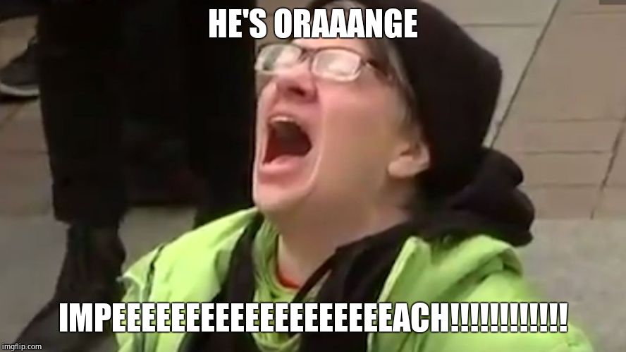 Screaming Liberal  | HE'S ORAAANGE IMPEEEEEEEEEEEEEEEEEEEACH!!!!!!!!!!!! | image tagged in screaming liberal | made w/ Imgflip meme maker