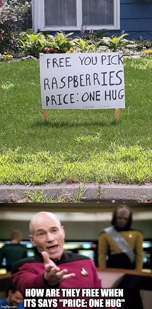 This is a sign that I found in my neighborhood | HOW ARE THEY FREE WHEN ITS SAYS "PRICE: ONE HUG" | image tagged in memes,picard wtf | made w/ Imgflip meme maker