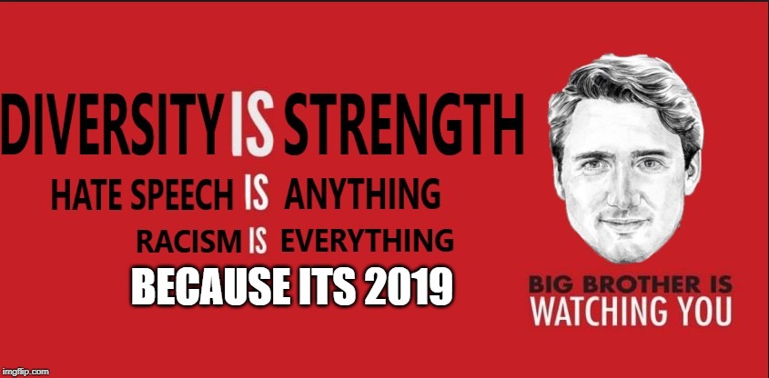 It's where we are headed | BECAUSE ITS 2019 | image tagged in justin trudeau,trudeau,racism,hate speech,diversity,big brother | made w/ Imgflip meme maker