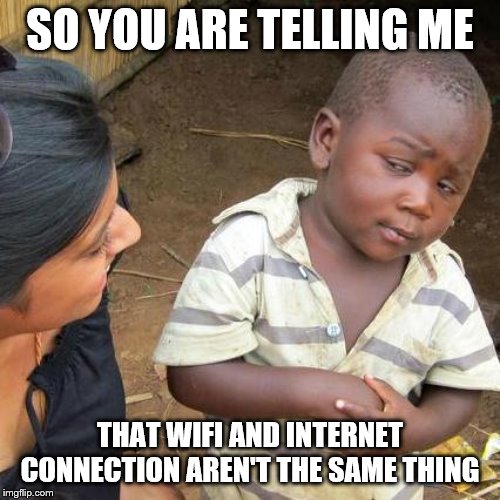 Third World Skeptical Kid | SO YOU ARE TELLING ME; THAT WIFI AND INTERNET CONNECTION AREN'T THE SAME THING | image tagged in memes,third world skeptical kid | made w/ Imgflip meme maker