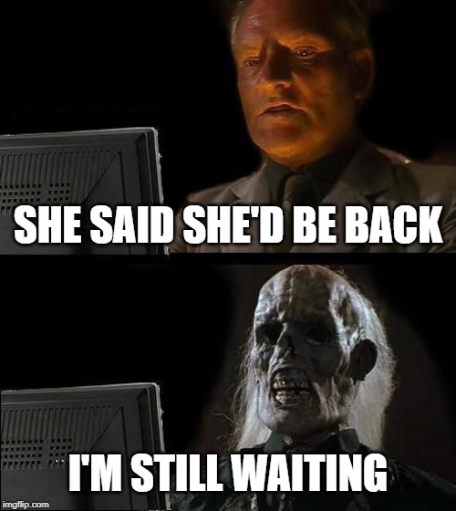 I'll Just Wait Here | SHE SAID SHE'D BE BACK; I'M STILL WAITING | image tagged in memes,ill just wait here | made w/ Imgflip meme maker