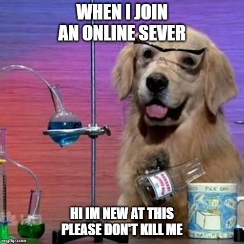I Have No Idea What I Am Doing Dog | WHEN I JOIN AN ONLINE SEVER; HI IM NEW AT THIS PLEASE DON'T KILL ME | image tagged in memes,i have no idea what i am doing dog | made w/ Imgflip meme maker