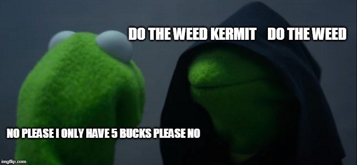 Evil Kermit Meme | DO THE WEED KERMIT    DO THE WEED; NO PLEASE I ONLY HAVE 5 BUCKS PLEASE NO | image tagged in memes,evil kermit | made w/ Imgflip meme maker