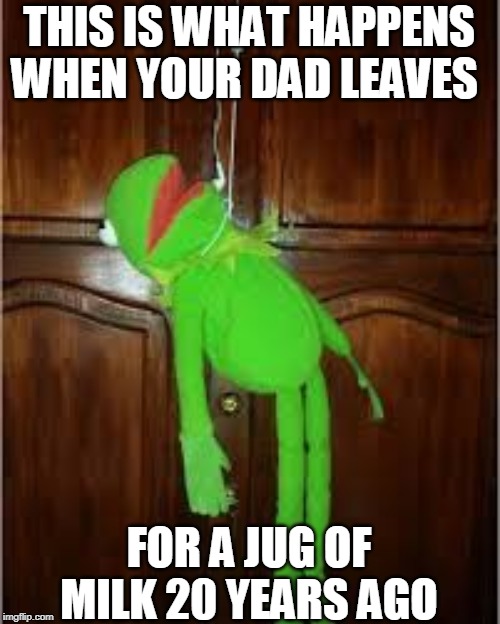 Kermit hanging | THIS IS WHAT HAPPENS WHEN YOUR DAD LEAVES; FOR A JUG OF MILK 20 YEARS AGO | image tagged in kermit hanging | made w/ Imgflip meme maker