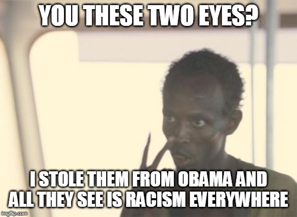 I'm The Captain Now | YOU THESE TWO EYES? I STOLE THEM FROM OBAMA AND ALL THEY SEE IS RACISM EVERYWHERE | image tagged in memes,i'm the captain now | made w/ Imgflip meme maker