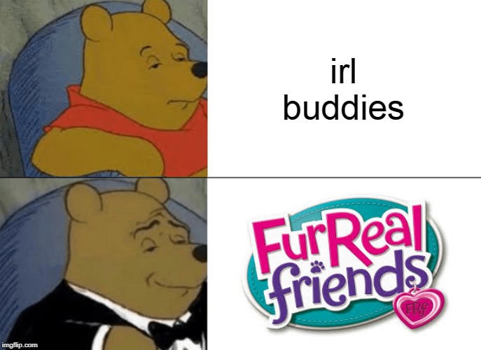 I can't even remember what FurReal friends are I just remember the name | irl buddies | image tagged in memes,tuxedo winnie the pooh | made w/ Imgflip meme maker