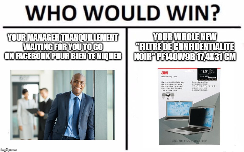 Who Would Win? Meme | YOUR MANAGER TRANQUILLEMENT WAITING FOR YOU TO GO ON FACEBOOK POUR BIEN TE NIQUER; YOUR WHOLE NEW "FILTRE DE CONFIDENTIALITE NOIR" PF140W9B 17,4X31 CM | image tagged in memes,who would win | made w/ Imgflip meme maker