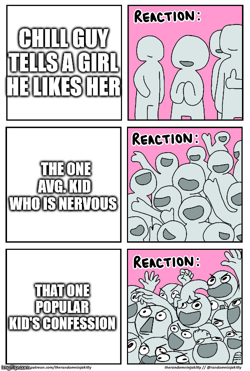 Reaction | CHILL GUY TELLS A GIRL HE LIKES HER; THE ONE AVG. KID WHO IS NERVOUS; THAT ONE POPULAR KID'S CONFESSION | image tagged in reaction | made w/ Imgflip meme maker