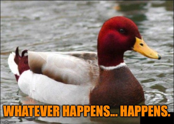 Life Coach 101 | WHATEVER HAPPENS... HAPPENS. | image tagged in memes,malicious advice mallard | made w/ Imgflip meme maker