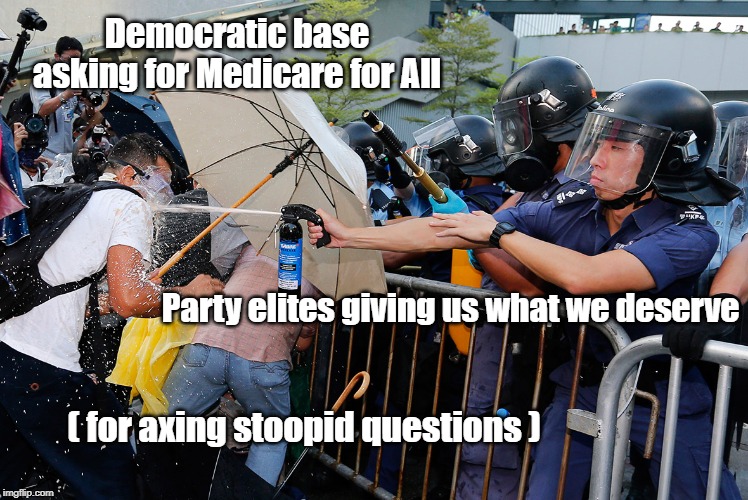 giving it to us | Democratic base asking for Medicare for All; Party elites giving us what we deserve; ( for axing stoopid questions ) | image tagged in democrats | made w/ Imgflip meme maker