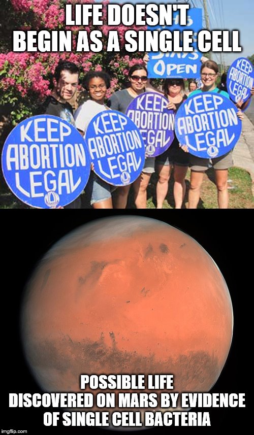 LIFE DOESN'T BEGIN AS A SINGLE CELL; POSSIBLE LIFE DISCOVERED ON MARS BY EVIDENCE OF SINGLE CELL BACTERIA | image tagged in keep abortion legal | made w/ Imgflip meme maker