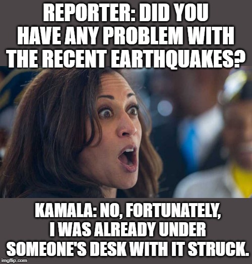 When you're always working to get a head. | REPORTER: DID YOU HAVE ANY PROBLEM WITH THE RECENT EARTHQUAKES? KAMALA: NO, FORTUNATELY, I WAS ALREADY UNDER SOMEONE'S DESK WITH IT STRUCK. | image tagged in kamala harriss | made w/ Imgflip meme maker