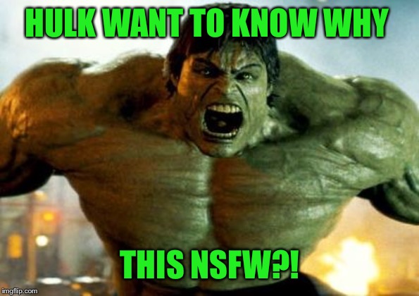 hulk | HULK WANT TO KNOW WHY THIS NSFW?! | image tagged in hulk | made w/ Imgflip meme maker