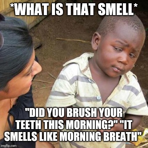 Breath???? | *WHAT IS THAT SMELL*; "DID YOU BRUSH YOUR TEETH THIS MORNING?" "IT SMELLS LIKE MORNING BREATH" | image tagged in memes,third world skeptical kid,bad breath,haha,funny | made w/ Imgflip meme maker