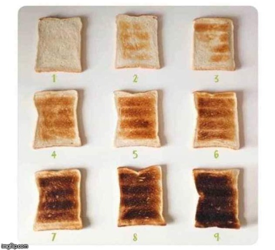 How do you prefer your toast?  If you're 1 or 9 we need to talk. | image tagged in burnt toast,white,toast,somewhere in the middle | made w/ Imgflip meme maker