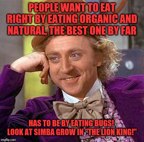 Creepy Condescending Wonka Meme | PEOPLE WANT TO EAT RIGHT BY EATING ORGANIC AND NATURAL, THE BEST ONE BY FAR; HAS TO BE BY EATING BUGS!  LOOK AT SIMBA GROW IN "THE LION KING!" | image tagged in memes,creepy condescending wonka | made w/ Imgflip meme maker