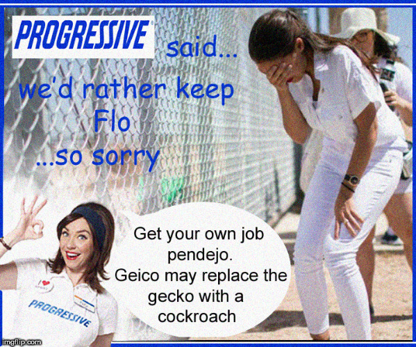 Progressive turned her down | image tagged in progressive,geico,lol so funny,alexandria ocasio-cortez,funny memes,flo | made w/ Imgflip meme maker