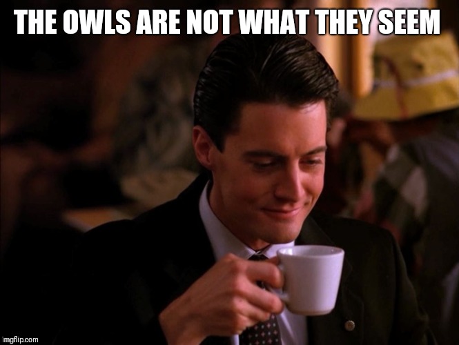 Twin Peaks Coffee | THE OWLS ARE NOT WHAT THEY SEEM | image tagged in twin peaks coffee | made w/ Imgflip meme maker