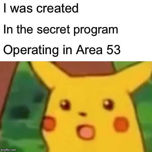 Surprised Pikachu Meme | I was created In the secret program Operating in Area 53 | image tagged in memes,surprised pikachu | made w/ Imgflip meme maker