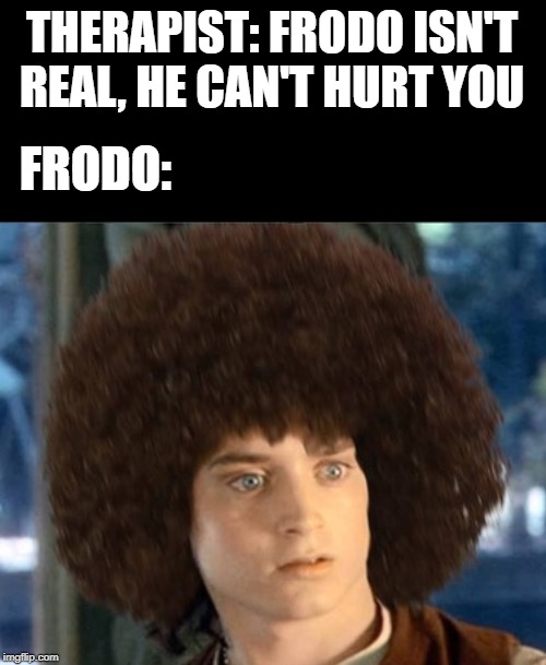 Lord of the Wig | THERAPIST: FRODO ISN'T REAL, HE CAN'T HURT YOU; FRODO: | image tagged in funny,memes,lord of the rings,afro,frodo,therapist | made w/ Imgflip meme maker