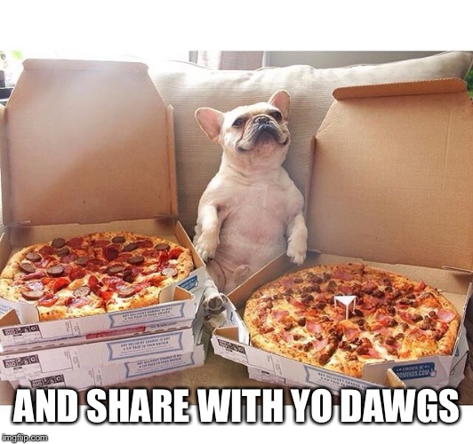 Pizza Dog | AND SHARE WITH YO DAWGS | image tagged in pizza dog | made w/ Imgflip meme maker