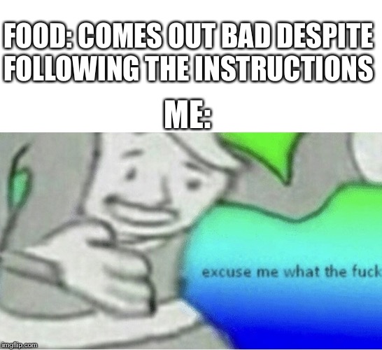 Excuse me wtf blank template | FOOD: COMES OUT BAD DESPITE FOLLOWING THE INSTRUCTIONS; ME: | image tagged in excuse me wtf blank template | made w/ Imgflip meme maker