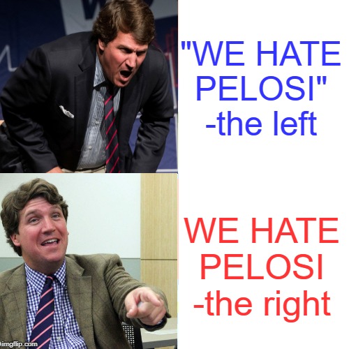 Cucker Tarlson | "WE HATE PELOSI"
-the left; WE HATE PELOSI
-the right | image tagged in tucker carlson,hypocrisy,liberal logic,conservative logic,fox news,politics | made w/ Imgflip meme maker