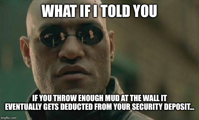 Matrix Morpheus | WHAT IF I TOLD YOU; IF YOU THROW ENOUGH MUD AT THE WALL IT EVENTUALLY GETS DEDUCTED FROM YOUR SECURITY DEPOSIT... | image tagged in memes,matrix morpheus | made w/ Imgflip meme maker