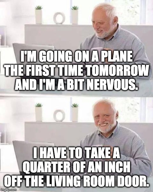 Hide the Pain Harold Meme | I'M GOING ON A PLANE THE FIRST TIME TOMORROW AND I'M A BIT NERVOUS. I HAVE TO TAKE A QUARTER OF AN INCH OFF THE LIVING ROOM DOOR. | image tagged in memes,hide the pain harold | made w/ Imgflip meme maker