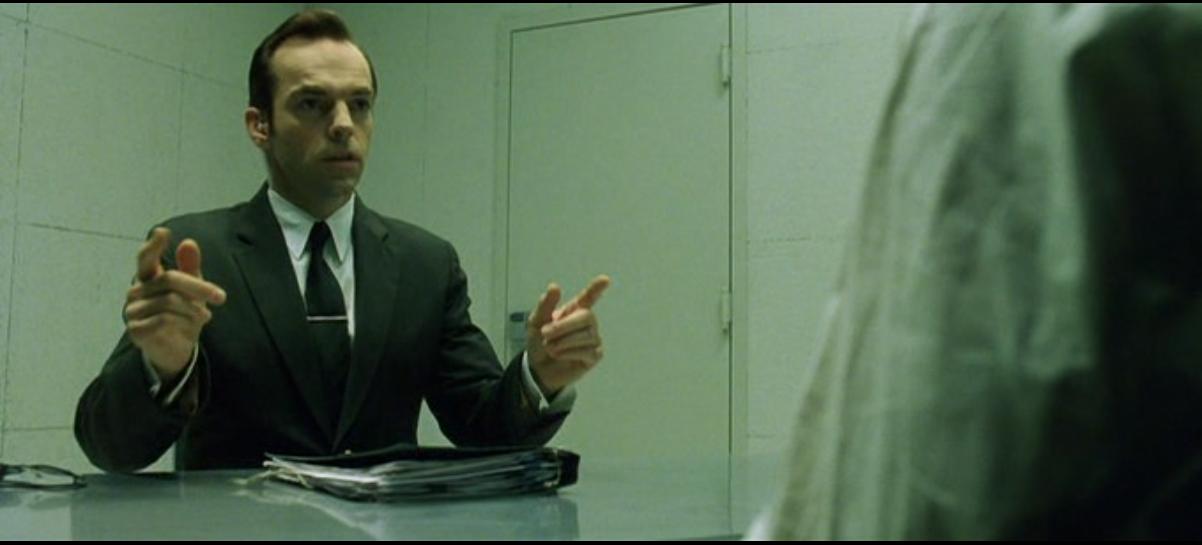 High Quality Agent Smith interrogating Neo Blank Meme Template