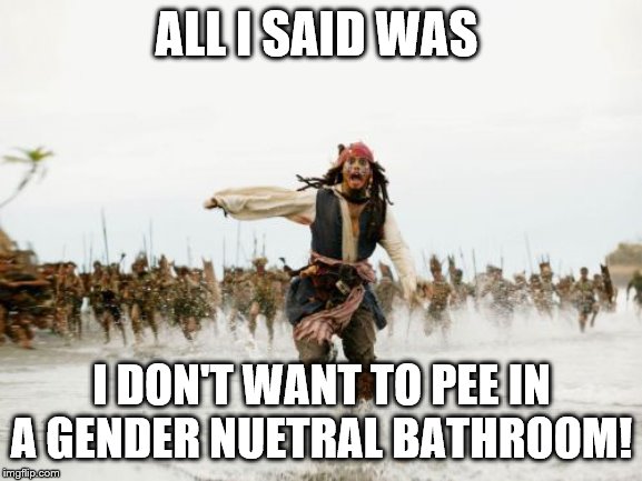 Jack Sparrow Being Chased Meme | ALL I SAID WAS; I DON'T WANT TO PEE IN A GENDER NUETRAL BATHROOM! | image tagged in memes,jack sparrow being chased | made w/ Imgflip meme maker
