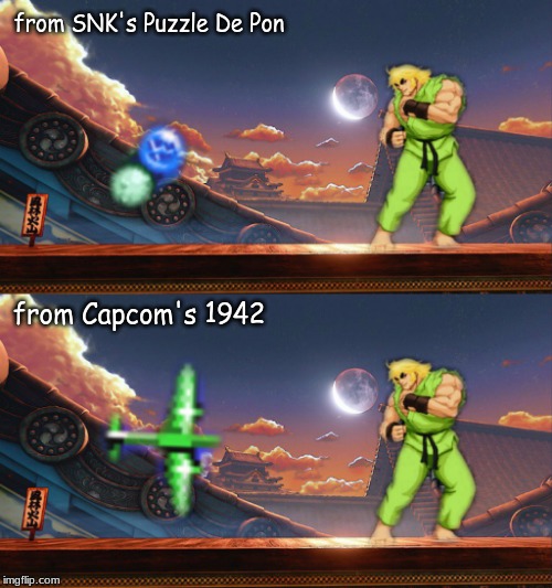 Would people be interested in these characters in a future installment of Capcom vs SNK? | from SNK's Puzzle De Pon; from Capcom's 1942 | image tagged in video games,memes,street fighter | made w/ Imgflip meme maker