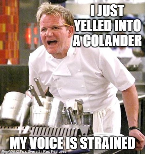 Chef Gordon Ramsay Meme | I JUST YELLED INTO A COLANDER; MY VOICE IS STRAINED | image tagged in memes,chef gordon ramsay | made w/ Imgflip meme maker