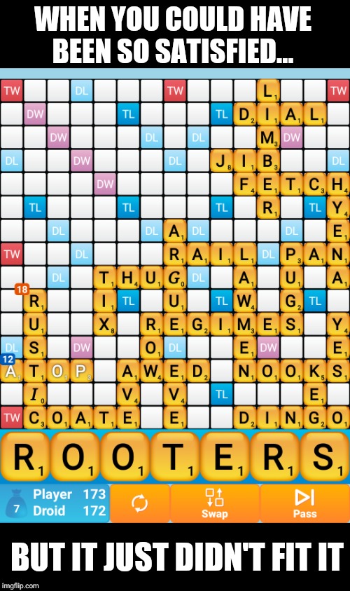 Crossword Rooters | WHEN YOU COULD HAVE BEEN SO SATISFIED... BUT IT JUST DIDN'T FIT IT | image tagged in who would win,cross,memes,not funny,funny memes | made w/ Imgflip meme maker