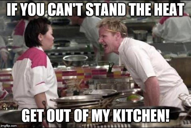 Angry Chef Gordon Ramsay Meme | IF YOU CAN'T STAND THE HEAT; GET OUT OF MY KITCHEN! | image tagged in memes,angry chef gordon ramsay | made w/ Imgflip meme maker