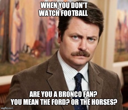 Ron Swanson | WHEN YOU DON'T WATCH FOOTBALL; ARE YOU A BRONCO FAN? 
YOU MEAN THE FORD? OR THE HORSES? | image tagged in memes,ron swanson | made w/ Imgflip meme maker