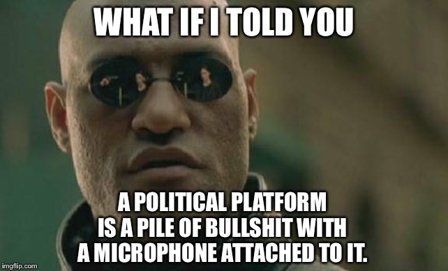 Pile of bullshit - Political platform | WHAT IF I TOLD YOU; A POLITICAL PLATFORM IS A PILE OF BULLSHIT WITH A MICROPHONE ATTACHED TO IT. | image tagged in memes,matrix morpheus,bullshit,liar,politics,microphone | made w/ Imgflip meme maker