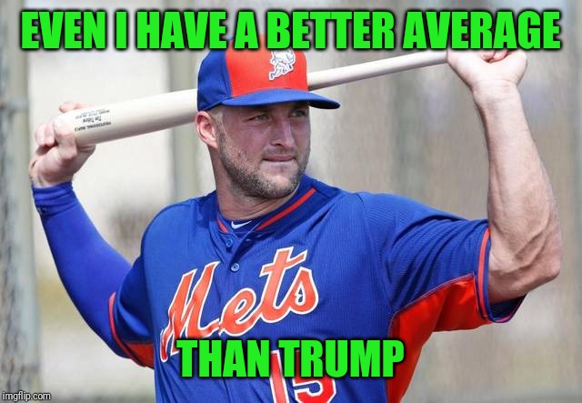 1 of 13 | EVEN I HAVE A BETTER AVERAGE; THAN TRUMP | image tagged in baseball tebow,trump,obama,stock market | made w/ Imgflip meme maker