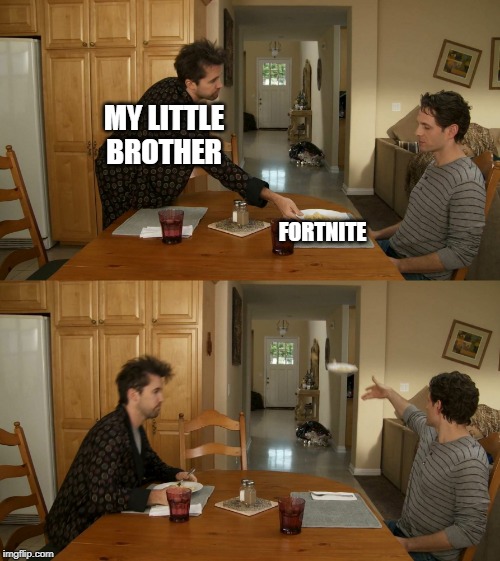 Annoying. | MY LITTLE BROTHER; FORTNITE | image tagged in plate toss,gaming,lil bros | made w/ Imgflip meme maker